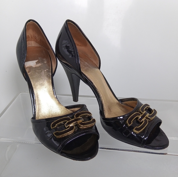 [6B] Coach Chocolatey Black Peeptoe Heels with Gold Accents - Picture 3 of 12